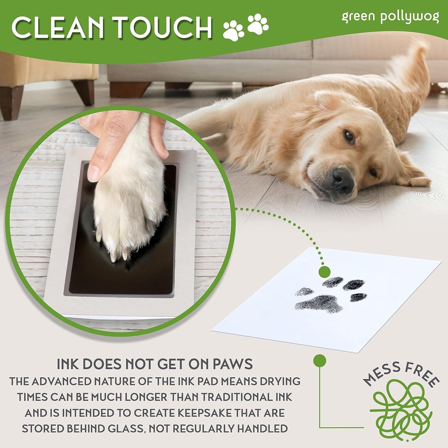 Green Pollywog | Extra-Large Clean Touch Inkless Ink Pad for Pets | Paw/Nose Prints for Dogs & Cats Non-Toxic | Paw Print Stamp Kit | Dog Paw Print Kit | Cat Footprint Keepsake (2-Pack)