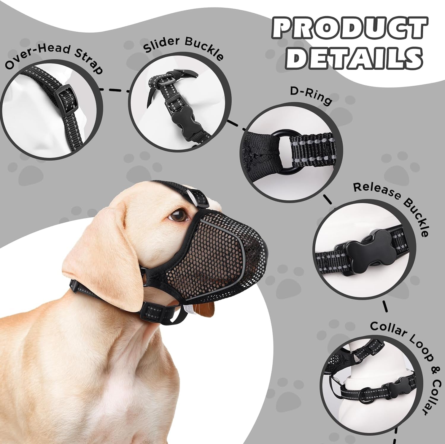 Dog Muzzle,Mesh Soft Muzzle for Small Medium Large Sized Dogs, Breathable Reflective Adjustable Puppy Muzzles with Collar for Scavenging Grooming Biting Chewing,Allows Panting and Drinking