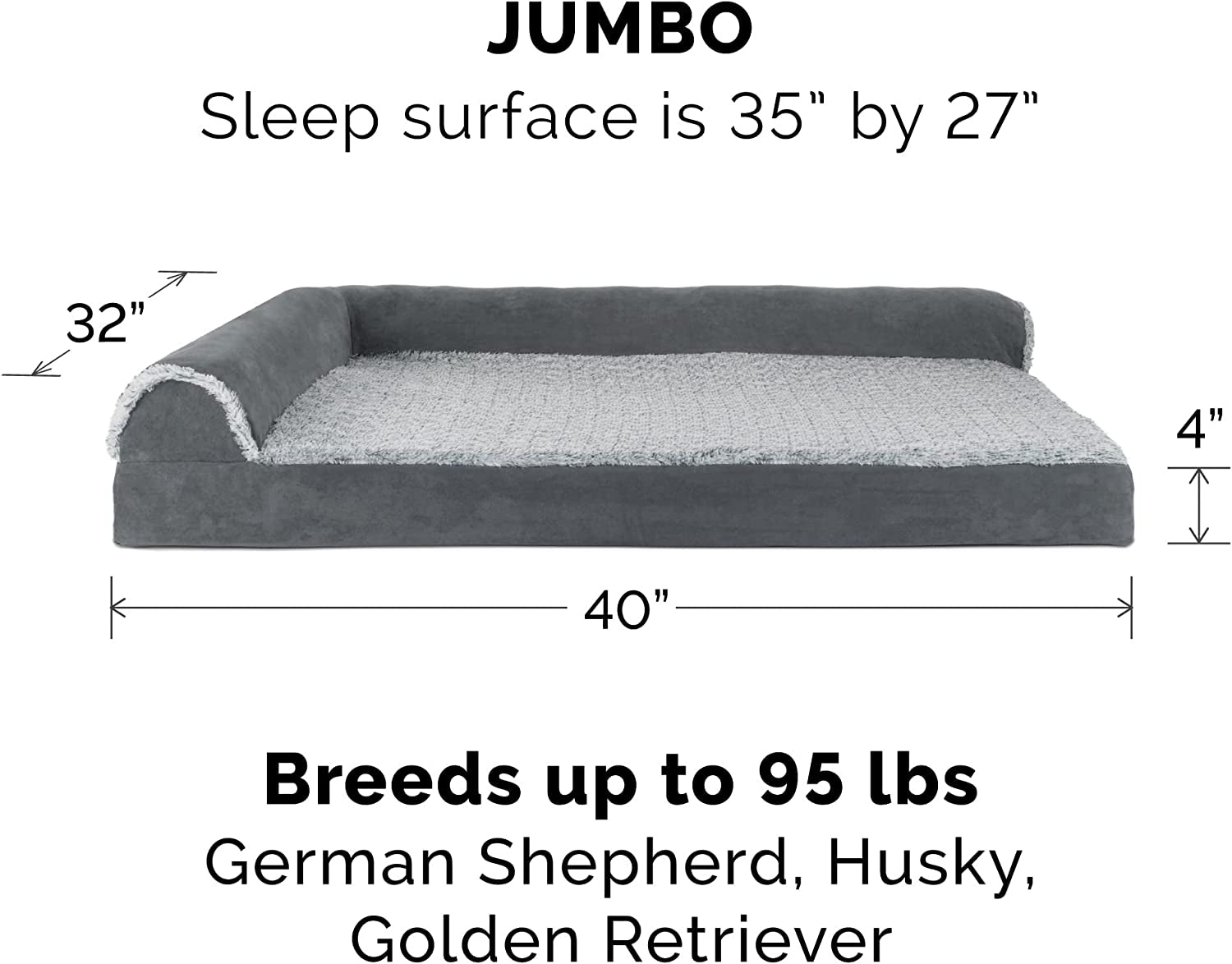 Furhaven Memory Foam Dog Bed for Large Dogs W/ Removable Bolsters & Washable Cover, for Dogs up to 95 Lbs - Two-Tone Plush Faux Fur & Suede L Shaped Chaise - Stone Gray, Jumbo/Xl