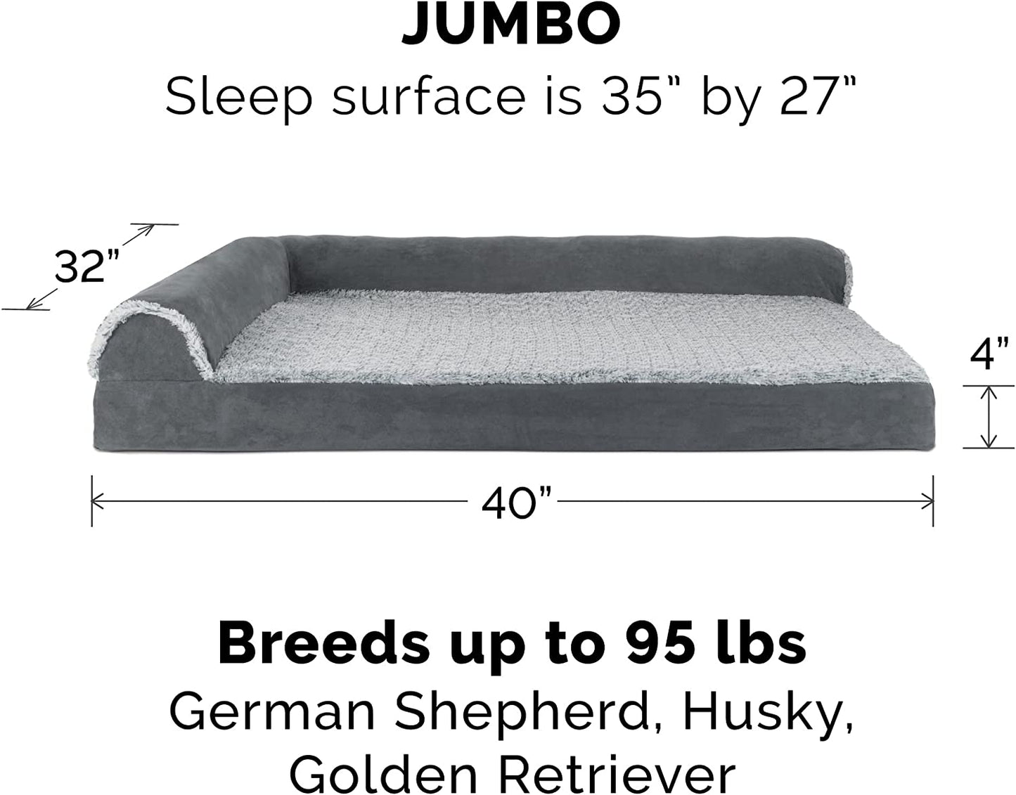 Furhaven Memory Foam Dog Bed for Large Dogs W/ Removable Bolsters & Washable Cover, for Dogs up to 125 Lbs - Two-Tone Plush Faux Fur & Suede L Shaped Chaise - Espresso, Jumbo Plus/Xxl