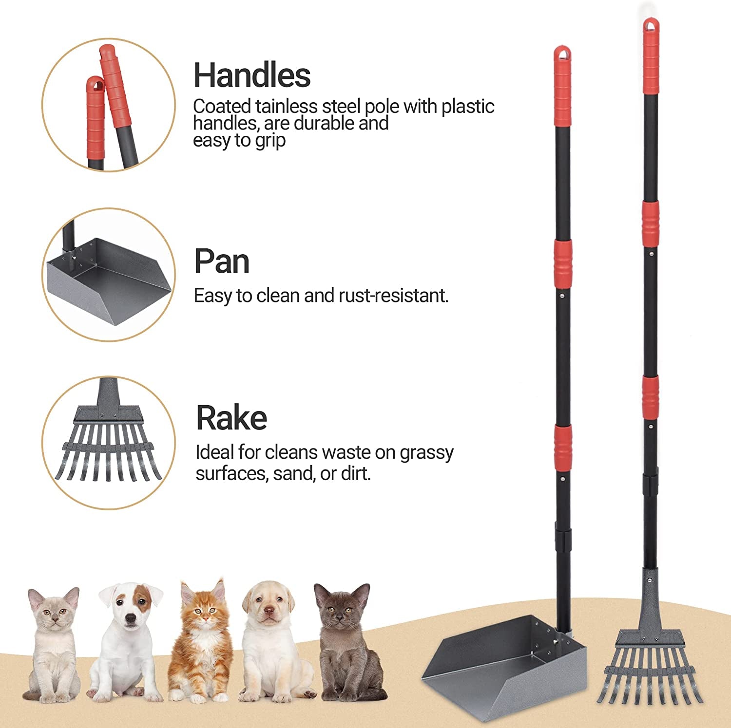 Heeyoo Dog Pooper Scooper, Dog Poop Tray and Rake Set, Pet Waste Removal Scoop with Long Adjustable Sectional Stainless Handles, 2 Pieces