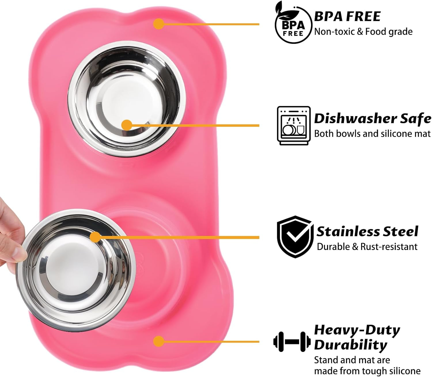 Hubulk Pet Dog Bowls 2 Stainless Steel Dog Bowl with No Spill Non-Skid Silicone Mat + Pet Food Scoop Water and Food Feeder Bowls for Feeding Small Medium Large Dogs Cats Puppies (S, Pink)