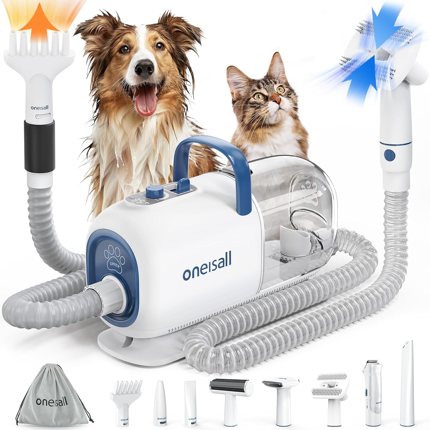 Oneisall Dog Vacuum & Dryer for Shedding Grooming, 8 in 1 Dog Grooming Kit with Metal Blades Pet Clippers, Adjustable Speed and Temperature Control Dog Blower