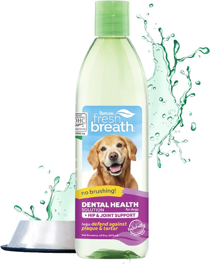 Tropiclean Fresh Breath plus Glucosamine for Hips & Joints | Dog Oral Care Water Additive | Dog Breath Freshener Additive for Dental Health | VOHC Certified | Made in the USA | 16 Oz.