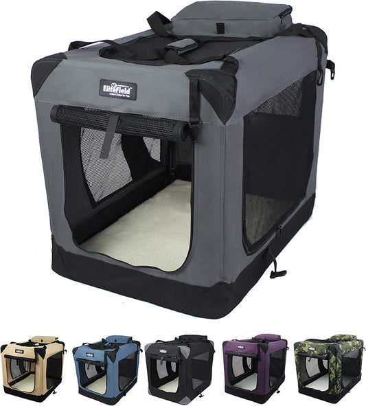 Elitefield 3-Door Folding Soft Dog Crate with Carrying Bag and Fleece Bed (2 Year Warranty), Indoor & Outdoor Pet Home (36" L X 24" W X 28" H, Gray)