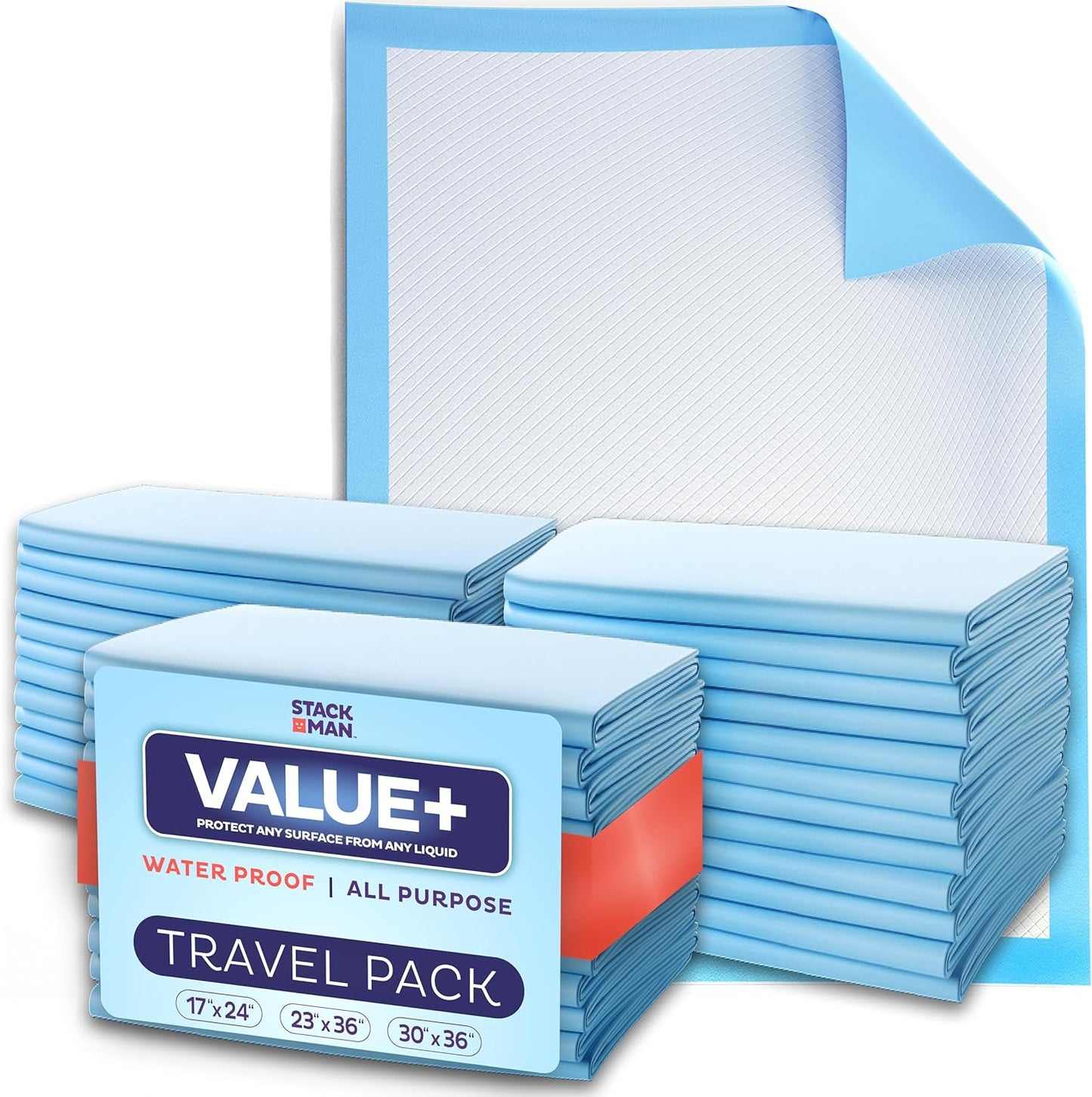 Chucks Pads Variety Pack - 3 Sizes - (17X24", 23X36", 30X36") - 15 Disposable Underpads - the Right Size for Every Need - Make Traveling Easy - Sample Our Range of Sizes or Pack Them for Your Trip!