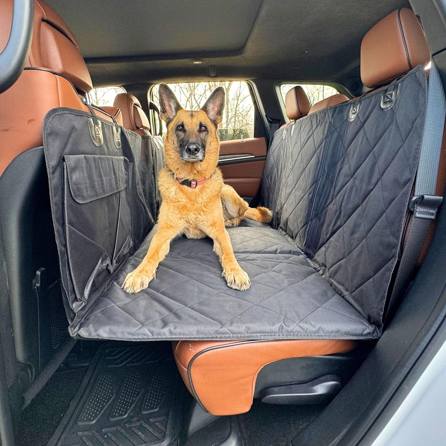 Backseat Extender for Dogs, 100% Waterproof Hard Bottom Dog Car Seat Cover, Seat Extender with Mesh Window and Storage Pockets, Truck SUV Car, Travel Bed