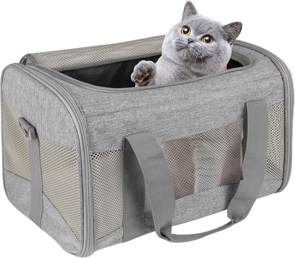 Cat Carrying Case - Pet Carrier Airline Approved, Protable and Breathable Pet Travel Carrier Removable Fleece Pad, Collapsible Cat Carrier Dog Carrier for Medium Cats Small Cats Dogs (17*11*11 Grey)