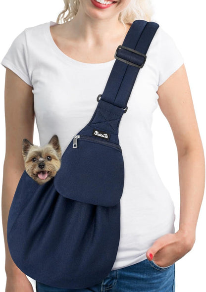 Slowton Dog Carrier Sling - Thick Padded Adjustable Shoulder Strap Dog Carriers for Small Dogs, Puppy Carrier Purse for Pet Cat with Front Zipper Pocket Safety Belt Machine Washable (Navy Knitted, M)