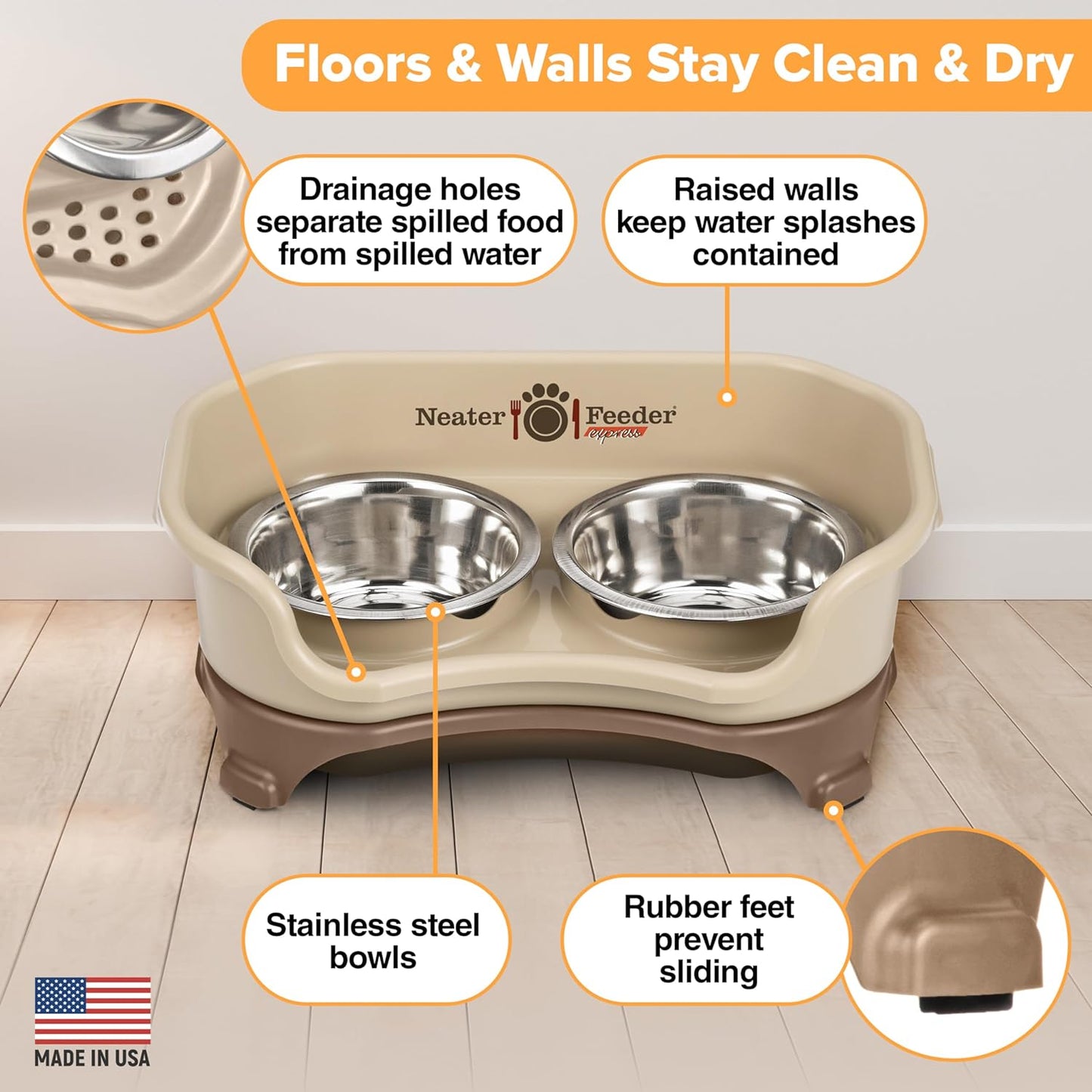 Neater Feeder - Express Model - Mess-Proof Dog Bowls (Medium/Large, Cappuccino) – Made in USA – Elevated, No Spill, Non-Tip, Non-Slip, Raised Stainless Steel Food & Water Pet Bowls