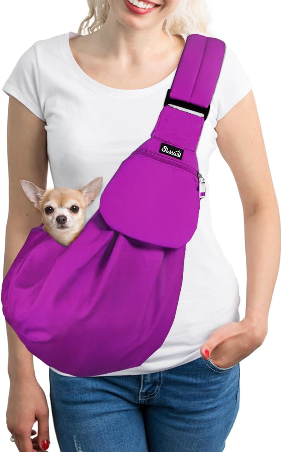 Slowton Dog Carrier Sling - Thick Padded Adjustable Shoulder Strap Dog Carriers for Small Dogs, Puppy Carrier Purse for Pet Cat with Front Zipper Pocket Safety Belt Machine Washable (Purple S)