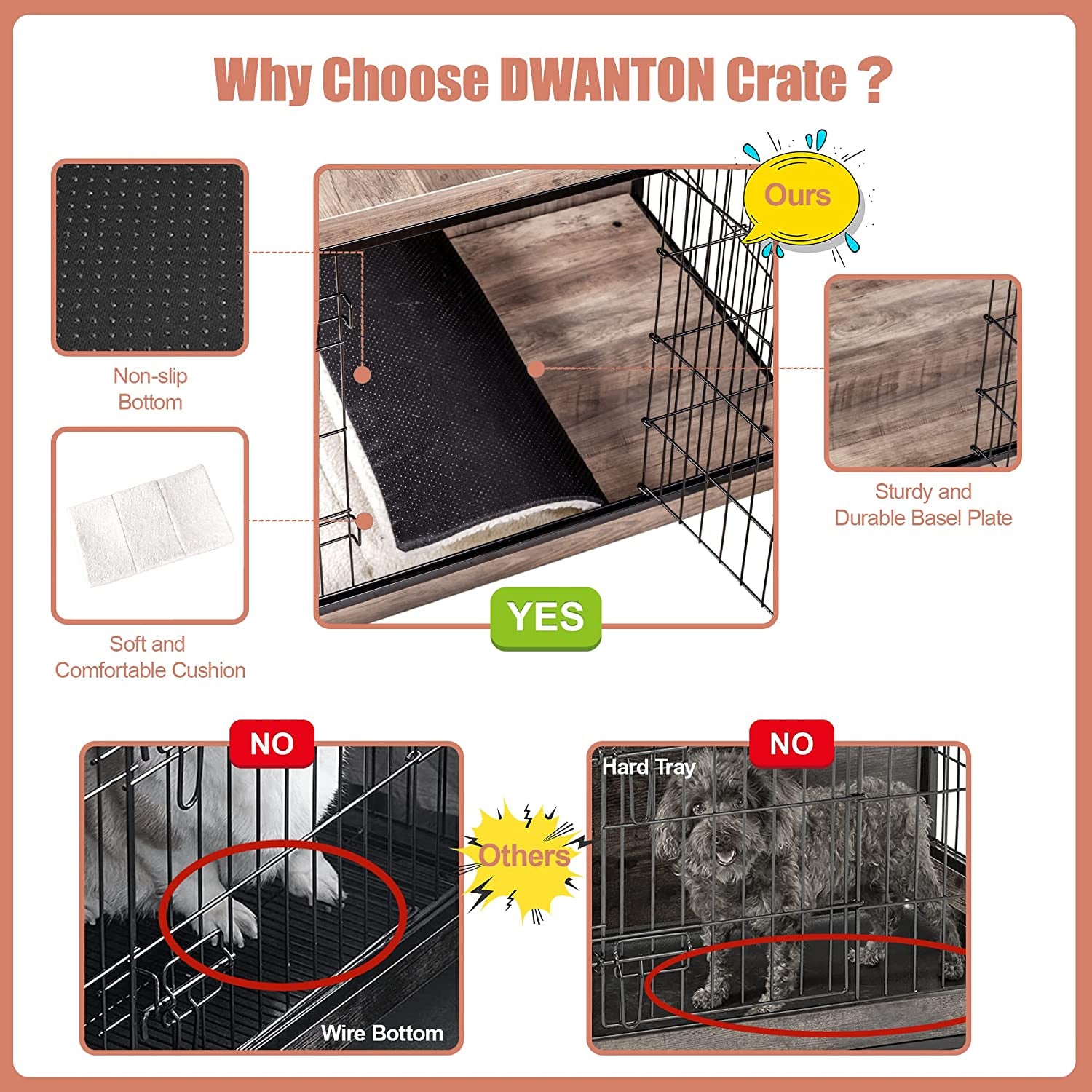 DWANTON Dog Crate Furniture with Cushion, XL Wooden Dog Crate with Double Doors, Large Dog Crate Furniture, Dog Kennel Indoor, Extra Large, 43.3" L, Rustic Brown