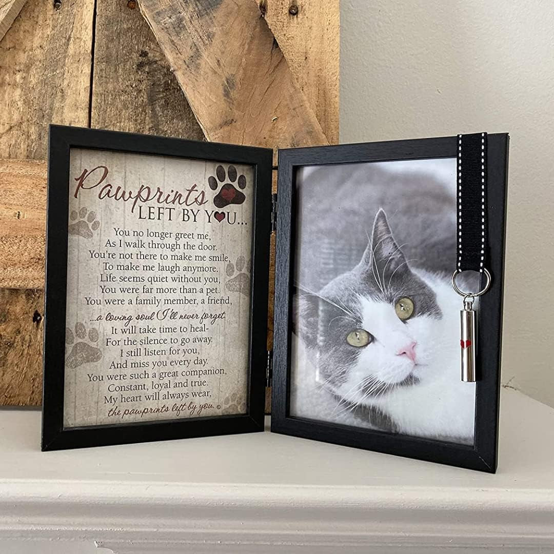 Pawprints Pet Memorial 5" X 7" Frame for Cats with Pawprints Left by You Poem (Frame with Ash Vial) - Beautiful Sympathy Gift to Remember a Beloved Cat - Pet Loss/Bereavement