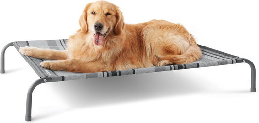 Bedsure Large Elevated Cooling Outdoor Dog Bed - Raised Dog Cots Beds for Large Dogs, Portable Indoor & Outdoor Pet Hammock Bed with Skid-Resistant Feet, Breathable Mesh, Striped Grey, 49 Inches