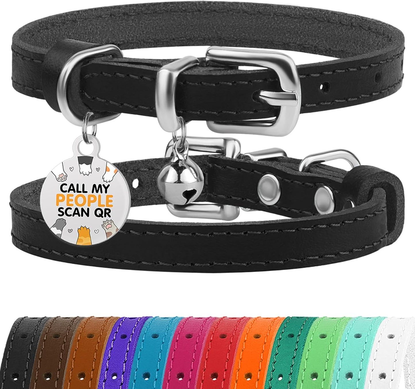 BRONZEDOG Leather Cat Collar with Bell Non Breakaway Kitten QR Tag for Girl Boy (7" - 9" for Cats, Black & Silver)