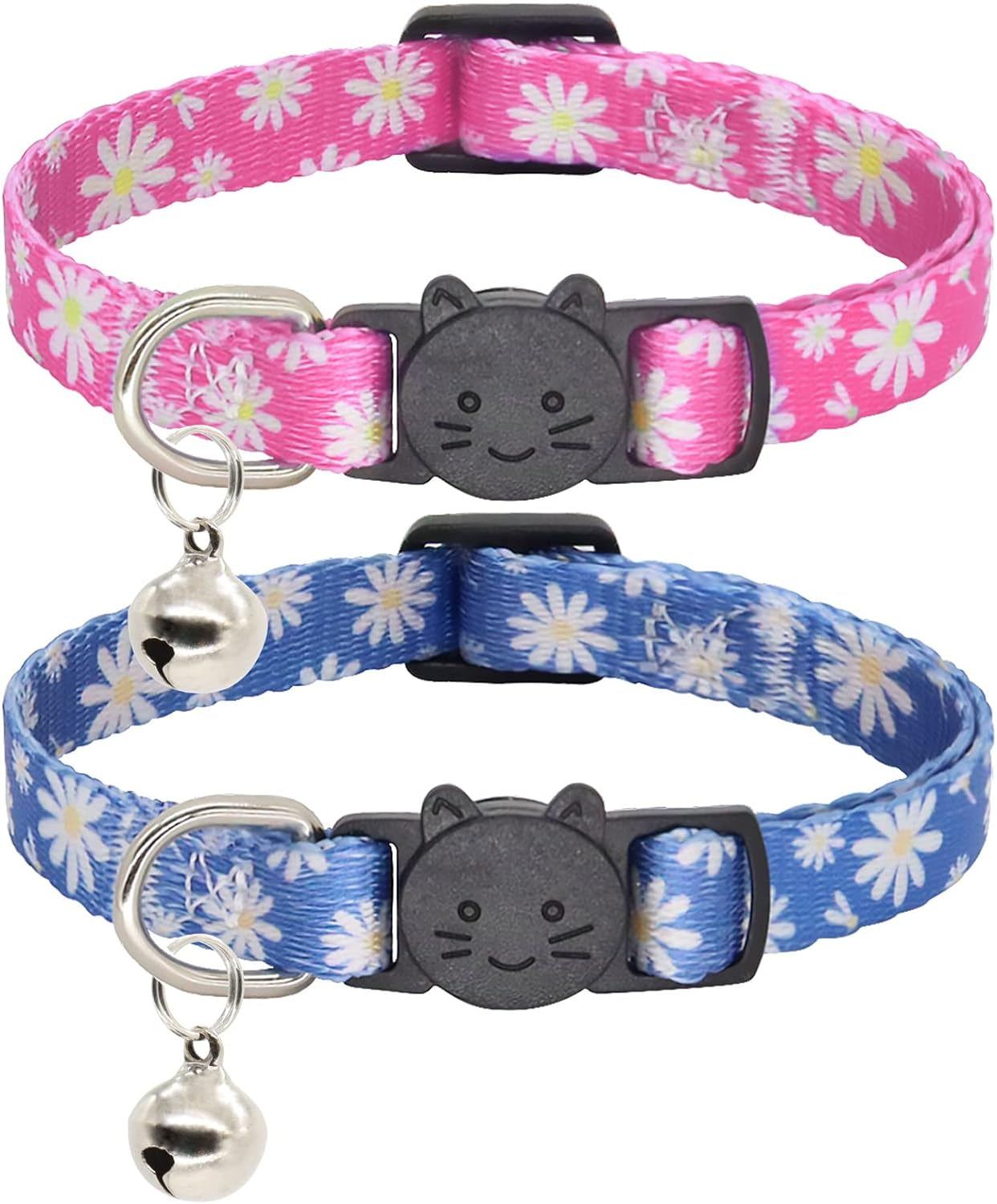 Cat Collar, 2 Pack Breakaway Collar with Bells, Safety Buckle Kitten Collars for Boy and Girl Cats, Blue + Pink Flower