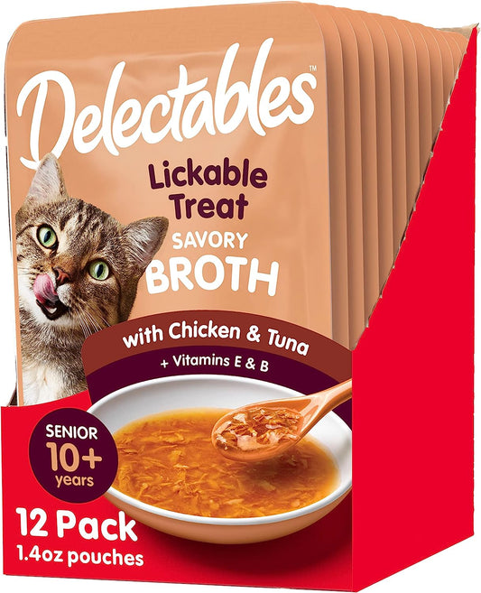 Hartz Delectables Savory Broths Senior 10+ Chicken & Tuna Lickable Cat Treat, 12 Pack