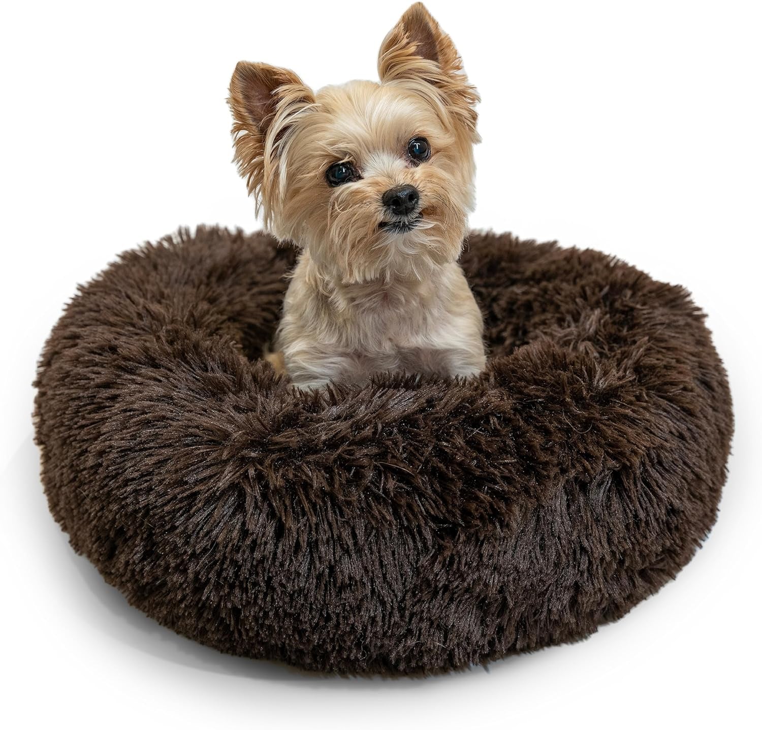 Best Friends by Sheri the Original Calming Donut Cat and Dog Bed in Shag Fur Shag Dark Brown, Extra Small 18"