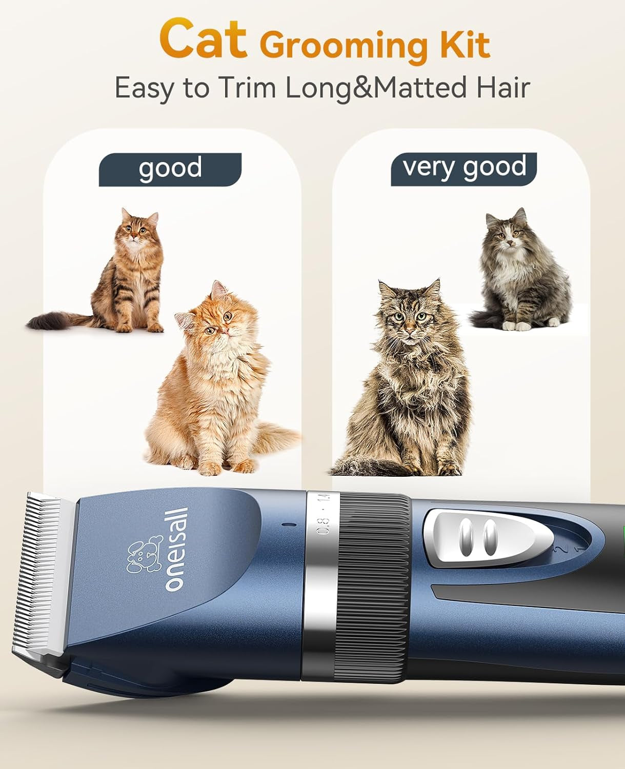 Oneisall Cat Clippers for Matted Hair,3 in 1 Cat Grooming Kit,Quiet Cordless Cat Shaver for Matted Long Hair,2 Speed Cat Hair Trimmer,Pet Clippers for Cats and Small Dogs