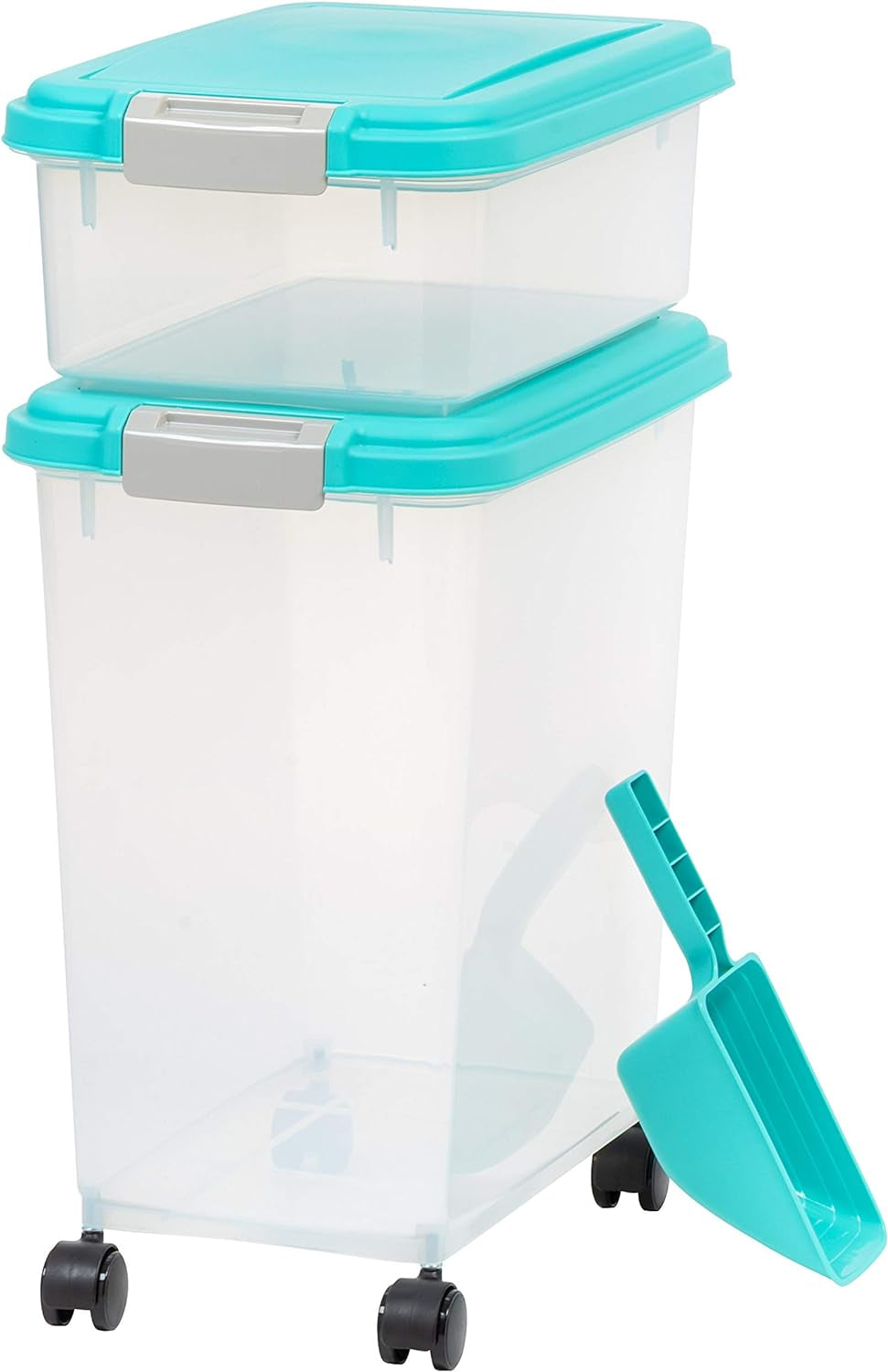 IRIS USA 30 Lbs & 11 Lbs Combo Airtight Dog Food Storage Container, Stackable Treat Box, 2-Cup Scoop, Wheels, Keep Fresh, Easy Mobility, Seafoam Blue