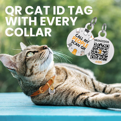 BRONZEDOG Leather Cat Collar with Bell Non Breakaway Kitten QR Tag for Girl Boy (9" - 12" Cats/Mini Dogs, Brown & Silver)