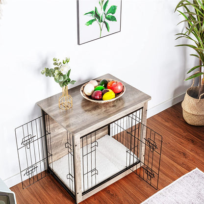 DWANTON Dog Crate Furniture with Cushion, Wooden Dog Crate with Double Doors, Dog Furniture, Dog Kennel Indoor for Small/Medium/Large Dog，End Table, Small, 27.2" L, Warm Brown