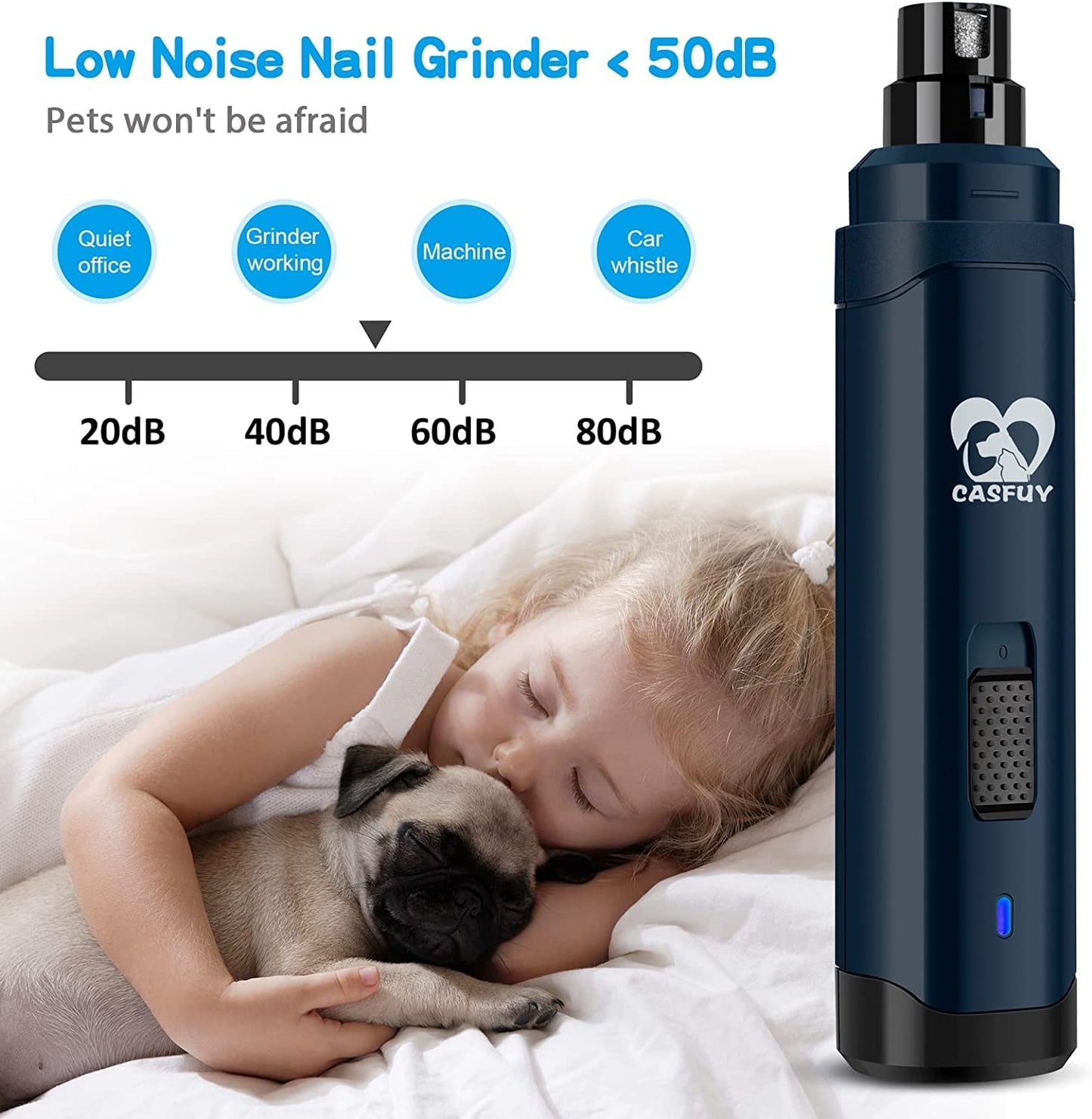 Casfuy Dog Nail Grinder Upgraded - Professional 2-Speed Electric Rechargeable Pet Nail Trimmer Painless Paws Grooming & Smoothing for Small Medium Large Dogs & Cats