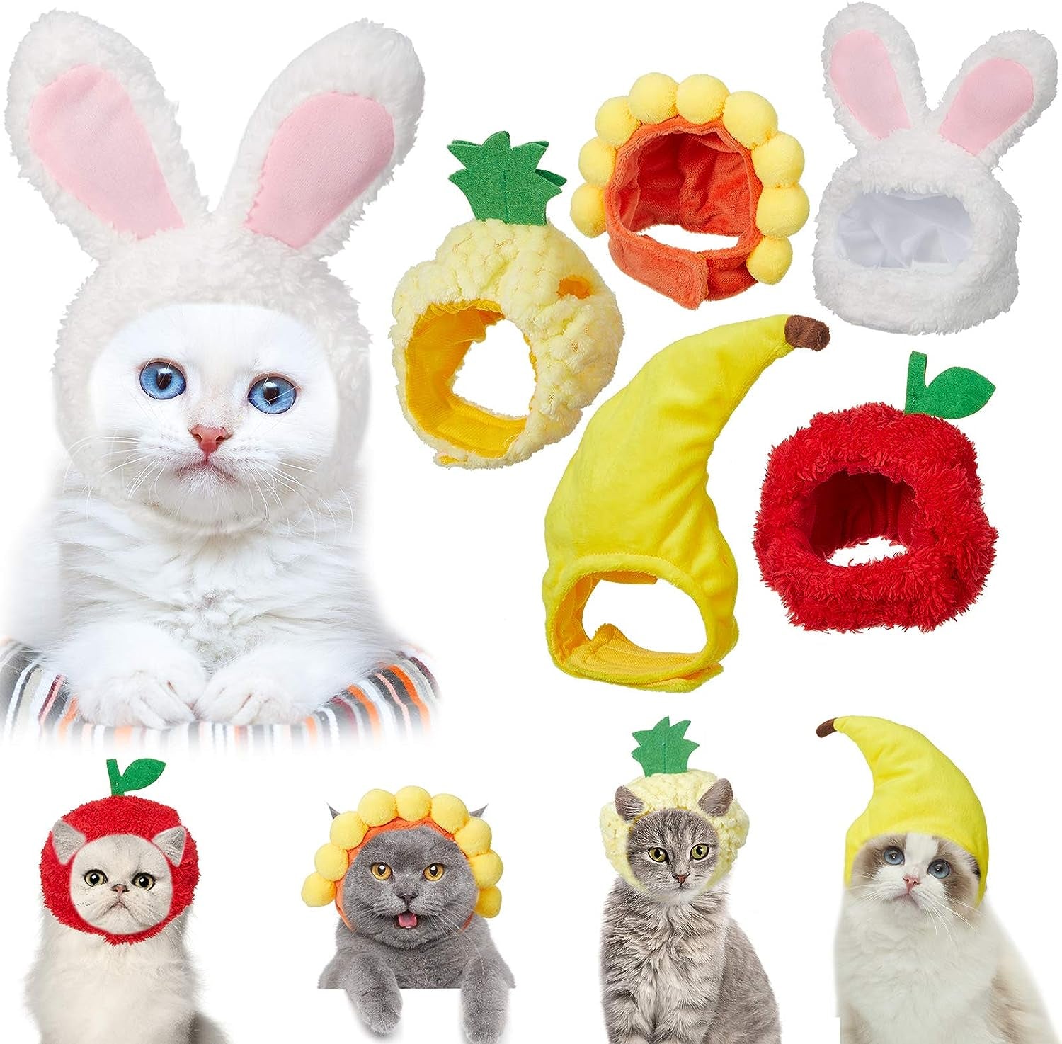 Weewooday 5 Pieces Cat Hat Cat Costume Bunny Hat with Ears Funny Banana Pineapple Cat Hat for Cats and Small Dogs Kitten Puppy Party Costume Accessory Headwear (Cute Style)