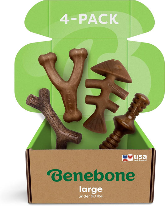 Benebone Large 4-Pack Dog Chew Toys for Aggressive Chewers, Made in USA, 90Lbs and Under