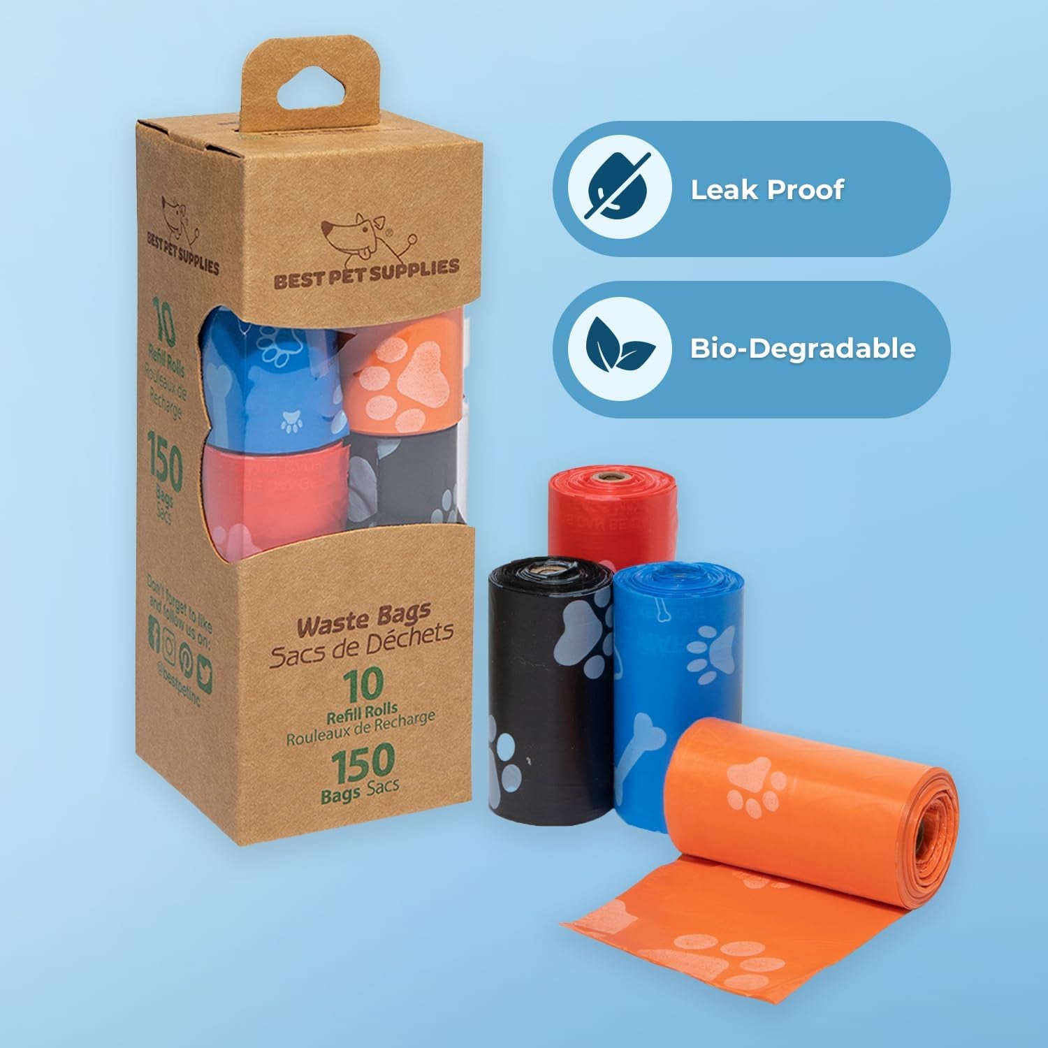 Best Pet Supplies Dog Poop Bags (150 Bags) for Waste Refuse Cleanup, Doggy Roll Replacements for Outdoor Puppy Walking and Travel, Leak Proof and Tear Resistant, Thick Plastic - Gray