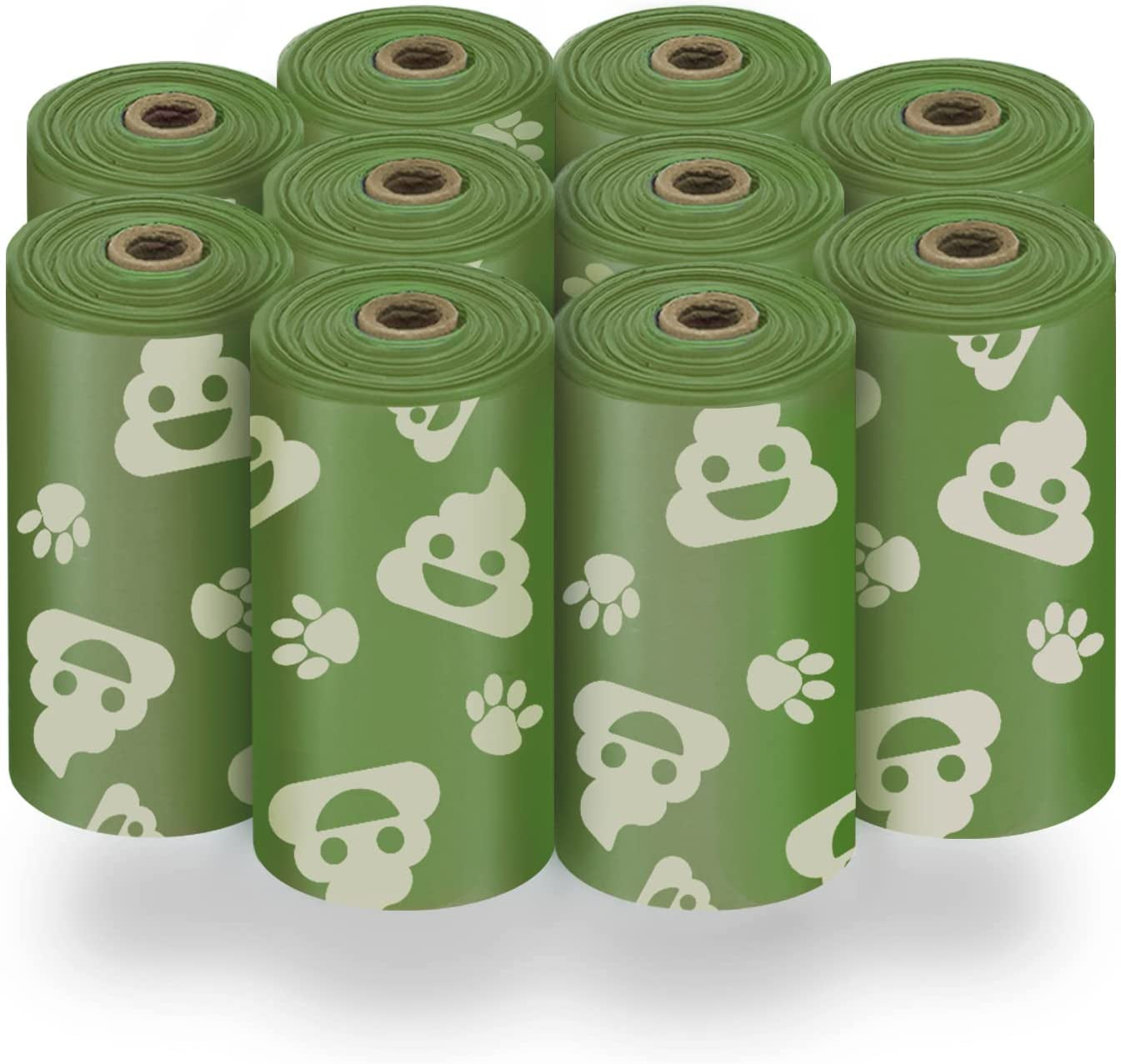 Best Pet Supplies Dog Poop Bags (150 Bags) for Waste Refuse Cleanup, Doggy Roll Replacements for Outdoor Puppy Walking and Travel, Leak Proof and Tear Resistant, Thick Plastic - Green with Poop Emoji