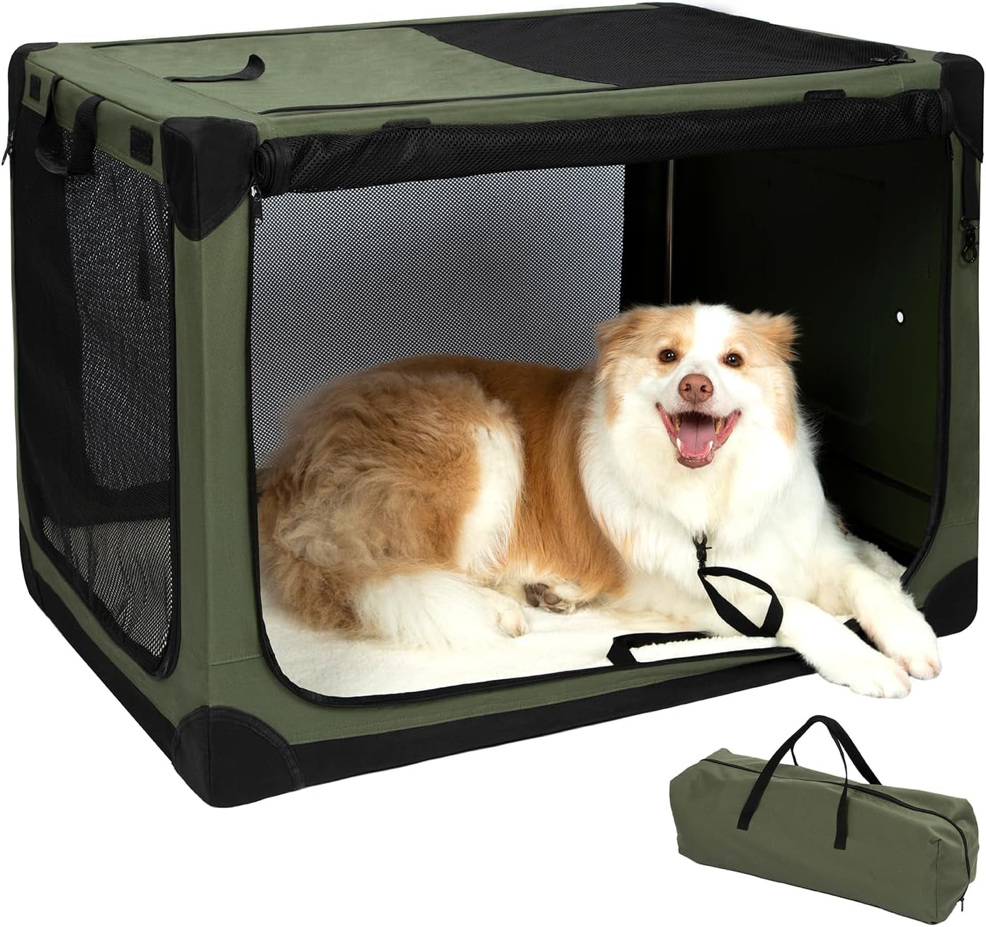 36 Inch Stainless Steel Collapsible Dog Crates for Large Dogs, 4-Door Soft Sided Dog Kennel for Travel, Portable Foldable Pet Crate with Durable Mesh Windows, Indoor & Outdoor, Olive Green