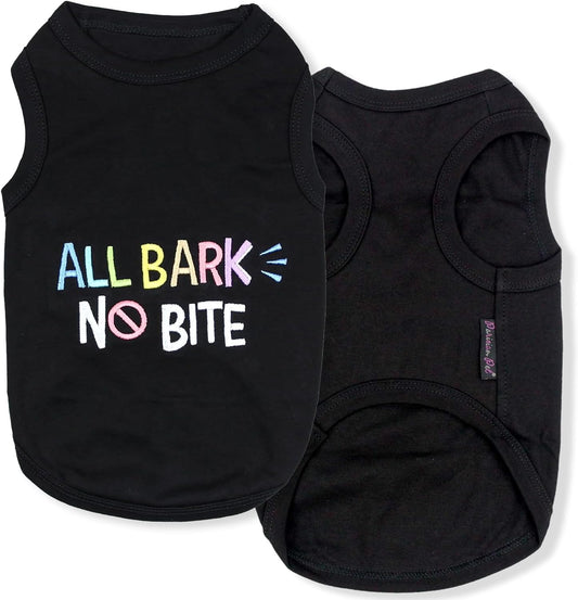 Parisian Pet Dog T-Shirt - Embroidered ' All Bark No Bite ' 100% Cotton, Dog Clothes - Sleeveless Pet Vest - Machine Washable Dog Shirts for Small Dogs XXS