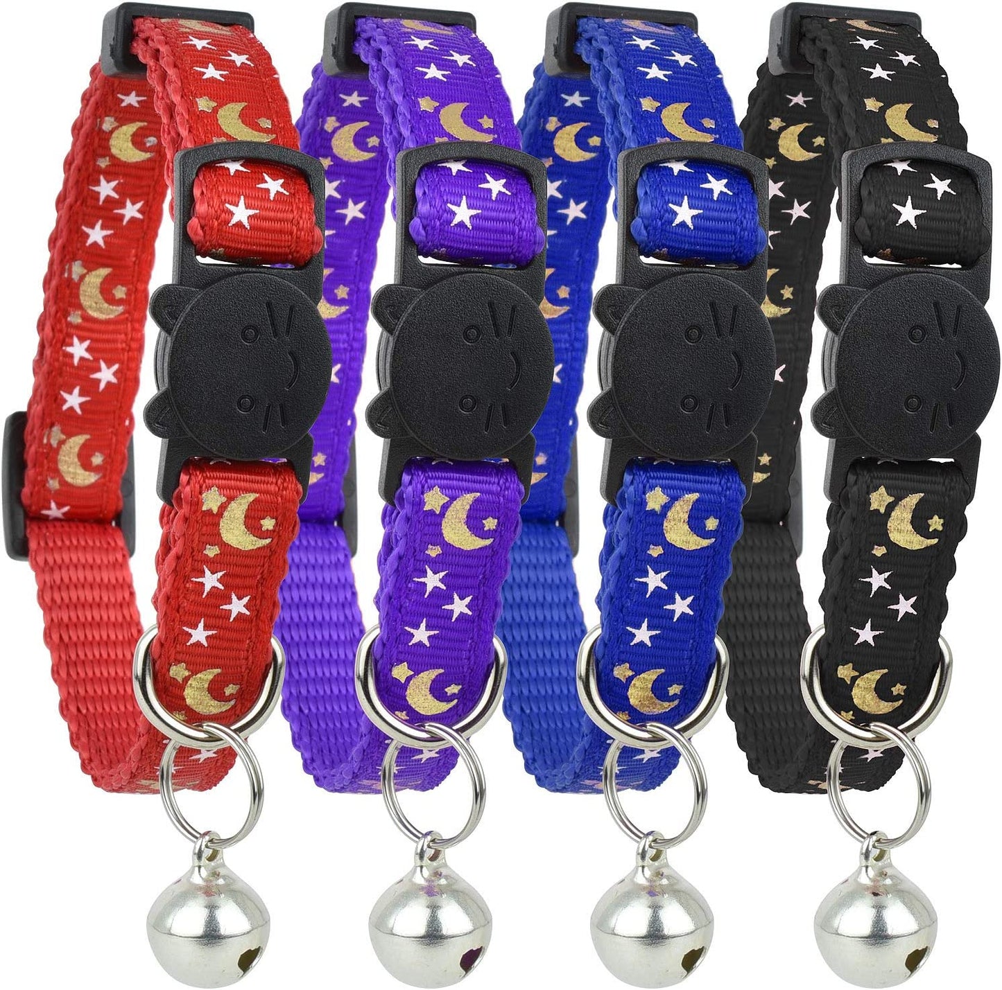 Upgraded Version - Cat Collar Stars and Moon, 4-Pack, Reflective with Bell, Solid & Safe , Nylon, Pet Collar, Breakaway Cat Collar, Free Replacement