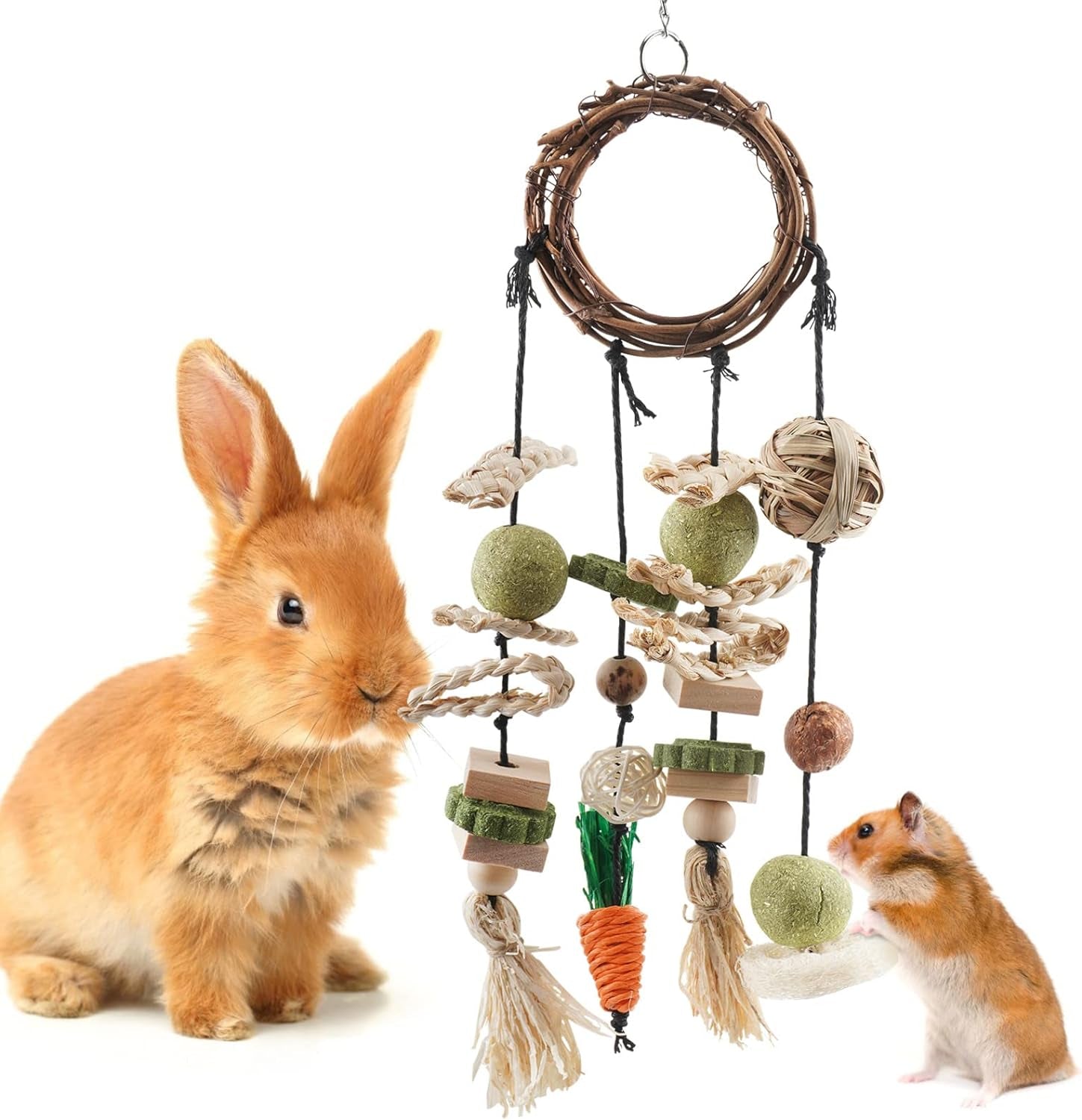 Bissap Bunny Chew Toy, Rabbits Cage Hanging Chew Toys and Treats Rattan Ring with Snacks for Guinea Pigs Chinchillas Hamsters Rats and Other Small Pets Teeth Grinding