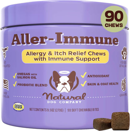 Natural Dog Company Aller-Immune Chews (90 Pieces), Turkey Flavor, with Canine-Specific Probiotics, Allergy Immune Supplement for Dogs of All Ages, Sizes & Breeds, Boosts Immune System, Antioxidant