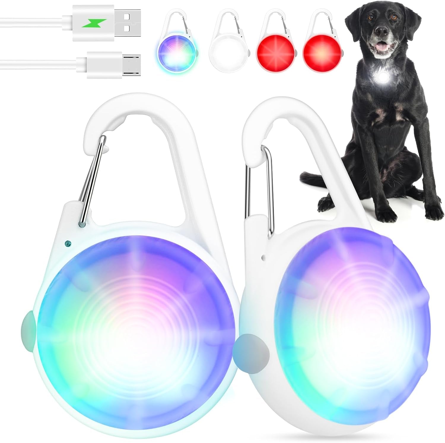 Dog Lights 2Pack LED Rechargeable Dog Collar Lights Clip on with RGB Color Pet Safety Lights Light up Lighted Dog Harness Light for Night Walking Camping