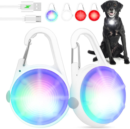 Dog Lights 2Pack LED Rechargeable Dog Collar Lights Clip on with RGB Color Pet Safety Lights Light up Lighted Dog Harness Light for Night Walking Camping