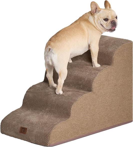 EHEYCIGA Curved Dog Stairs for High Beds 19.7" H, 4-Step Dog Steps for Small Dogs and Cats, Pet Stairs for High Bed Climbing, Non-Slip Balanced Pet Step Indoor, Camel