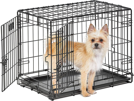 Midwest Homes for Pets Small Dog Crate, Life Stages 24' Double Door Folding Metal Dog Crate | Divider Panel, Floor Protecting Feet, Leak-Proof Dog Pan| 24L X 18W X 19H Inches, Small Dog Breed