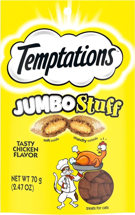 TEMPTATIONS Jumbo Stuff Crunchy and Soft Cat Treats Tasty Chicken Flavor, 2.5 Oz. Pouch, Pack of 12