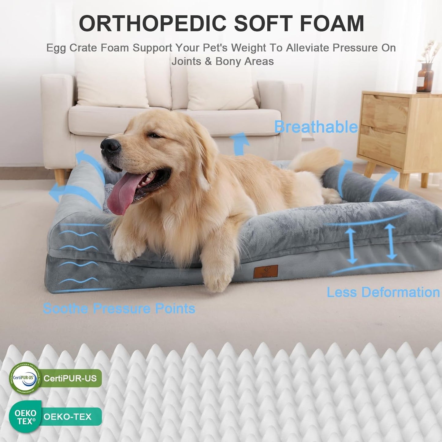 XL Dog Bed, Orthopedic Gel Cooling Memory Foam Dog Bed, Washable Dog Bed with Removable Cover, Waterproof Non-Slip Bottom Big Dog Couch Bed