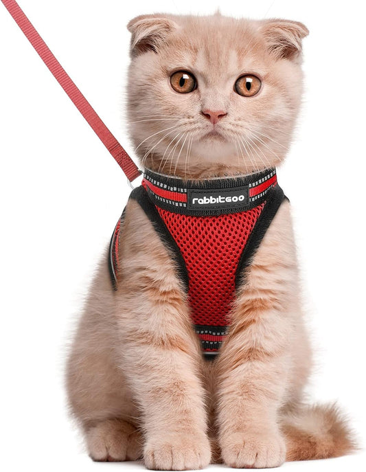 Rabbitgoo Cat Harness and Leash Set for Walking Escape Proof, Adjustable Soft Kittens Vest with Reflective Strip for Cats, Comfortable Outdoor Vest, Red, L