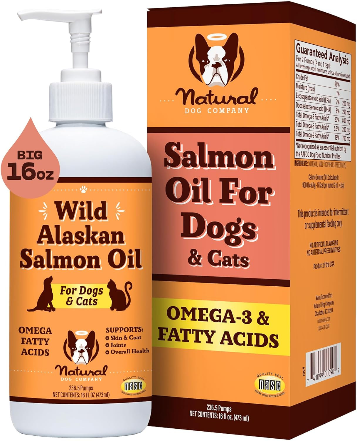 Natural Dog Company Wild Alaskan Fish Oil for Dogs and Cats (16Oz) - Blend of Wild Salmon & Pollock Oil - Omega 3 EPA & DHA - Reduces Shedding, Nourishes Skin, Coat & Joints, Fish Oil for Cats