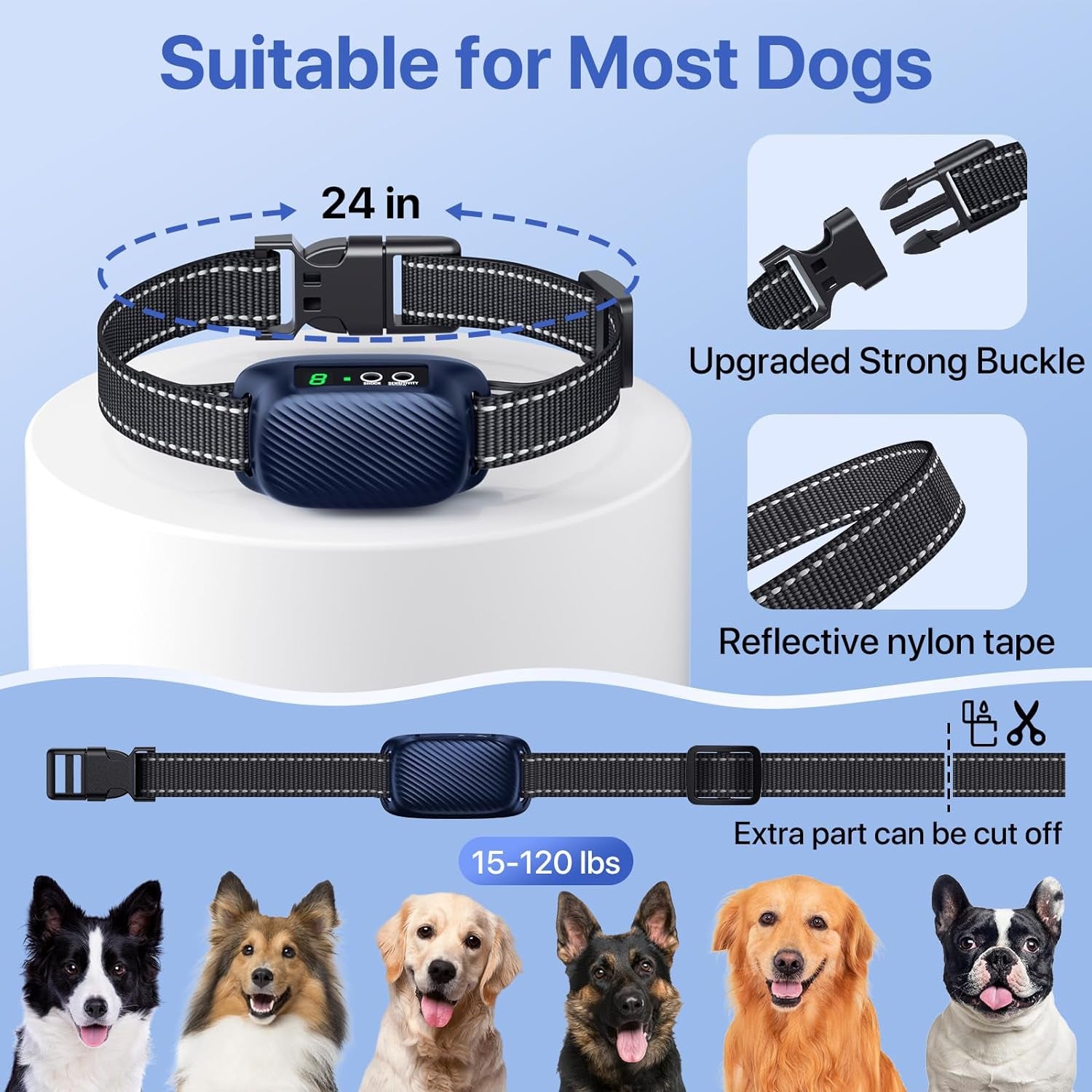 Dog Bark Collar, Automatic anti Bark Collar with 8 Sensitivity, Smart Bark Collar for Large Medium Dogs, Rechargeable Waterproof No Barking Collars with Beep Vibration Harmless Shock (Blue)