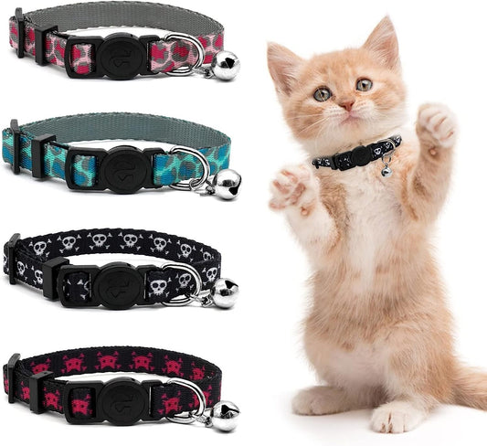 Azuza 4 Pack Halloween Kitten Collar Breakaway,Quick Release Safe Buckle Adjustable Kitten Collars, Skull Crossbones, Crossbones, Pink Leopard and Blue Leopard