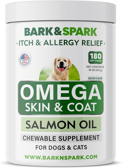 Omega 3 for Dogs and Cats - 180 Fish Oil Treats for Dog Shedding, Skin Allergy, Itch Relief, Hot Spots Treatment - Joint Health - Skin and Coat Supplement - EPA & DHA Fatty Acids - Salmon Oil - Bacon