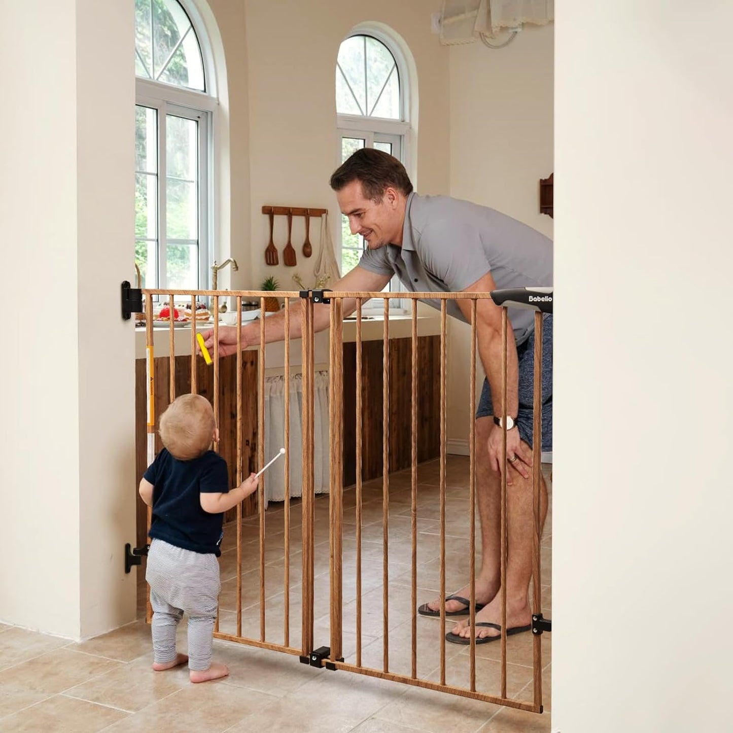 Babelio 34" Extra Tall Baby/Dog Gate with No Threshold Design Walk Thru Door, 26-43" Auto Close Safety Gate for Babies, Elders and Pets, Fits Doorways, Stairs, and Entryways, Brown Wood Pattern