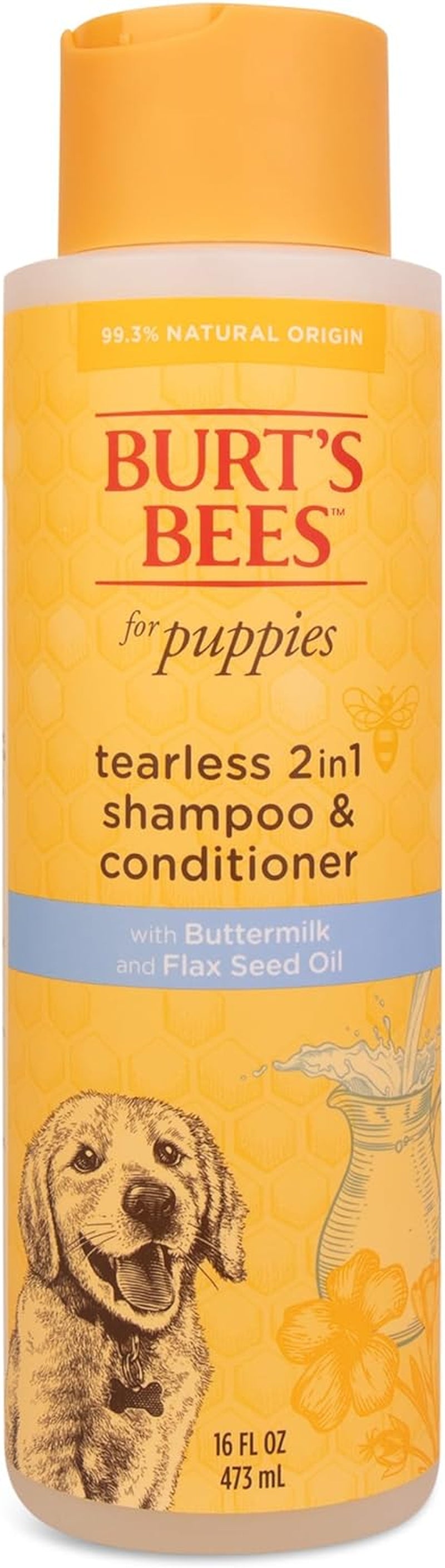 Burt'S Bees for Pets Puppies Natural Tearless 2 in 1 Shampoo and Conditioner | Made with Buttermilk and Linseed Oil | Best Tearless Puppy Shampoo for Gentle Skin and Coat | Made in USA, 16 Oz