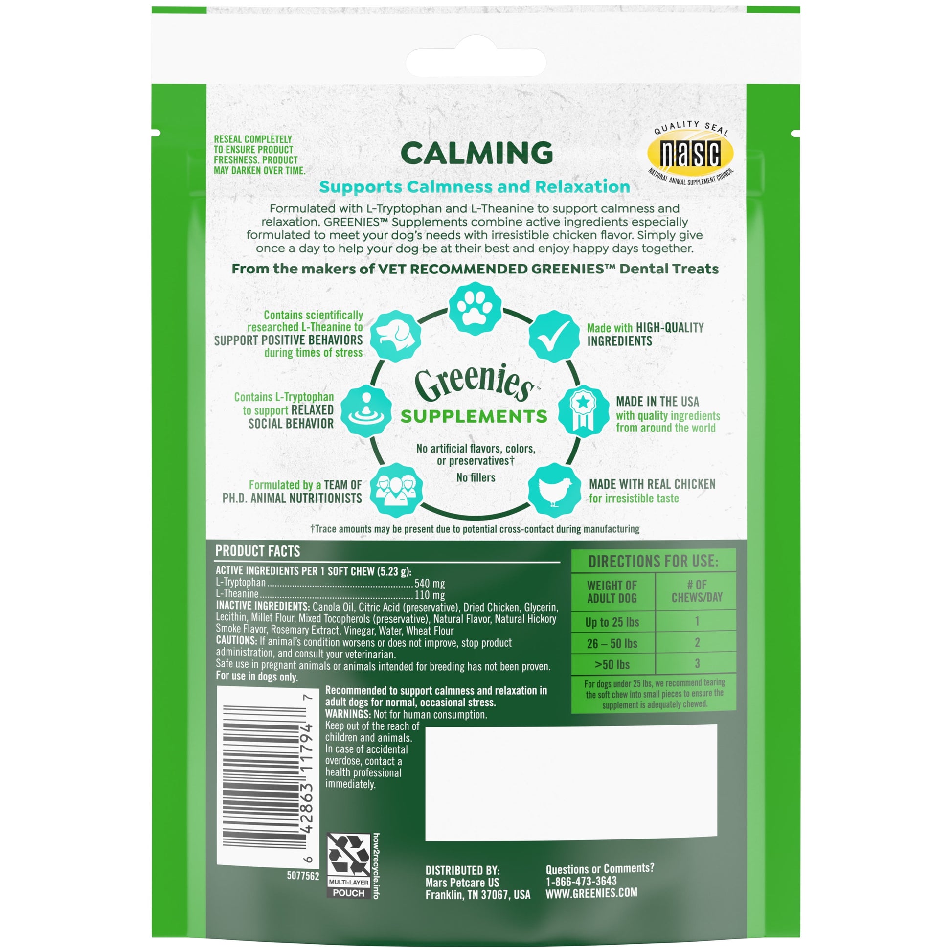 Greenies Calming Dietary Supplement Soft Dog Chews for Anxious Dogs, Chicken Flavor, 40 Count Bag